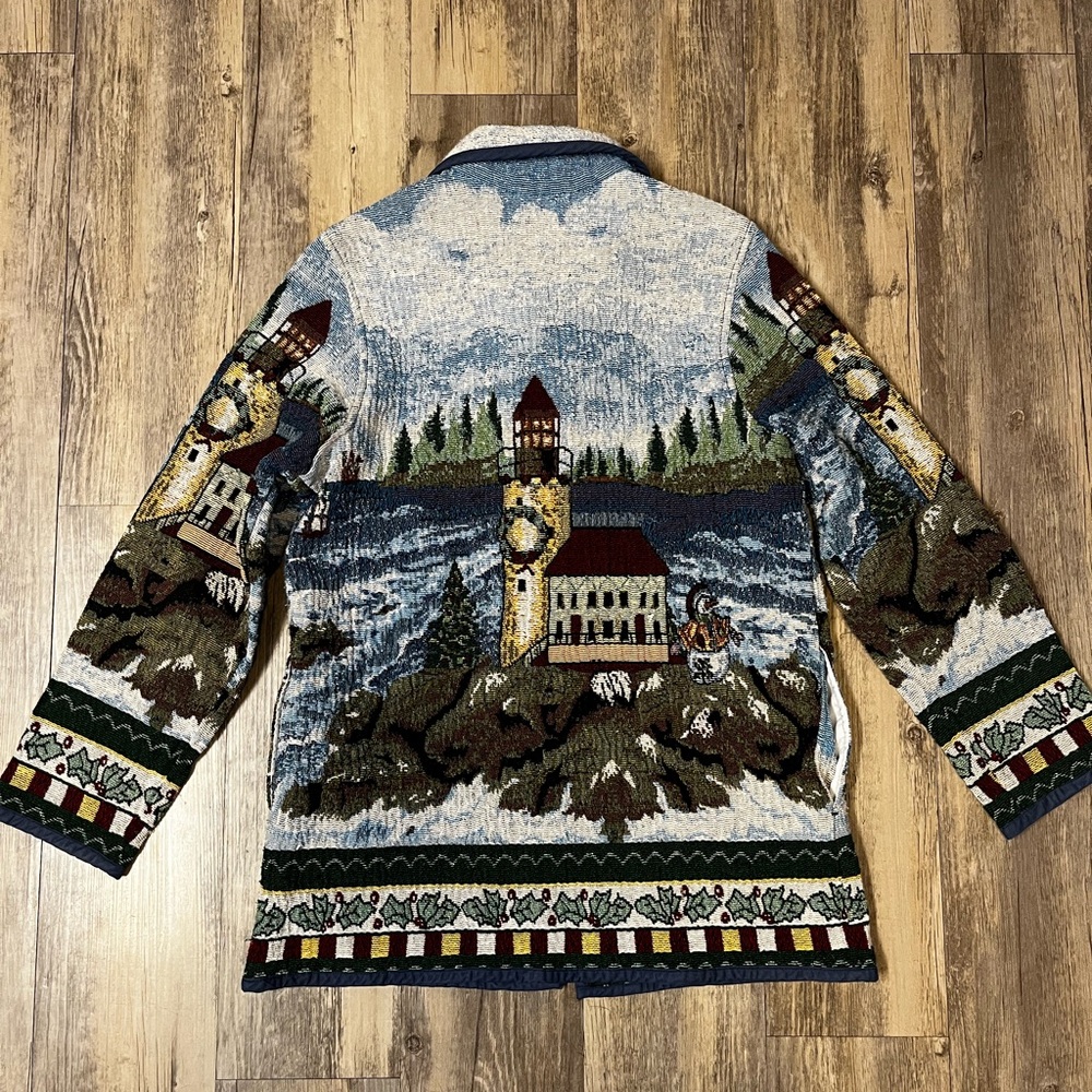 VTG 90s Blair Holiday Lighthouse Snowman Tapestry Jacket Nautical Anchor Medium - Picture 13 of 14
